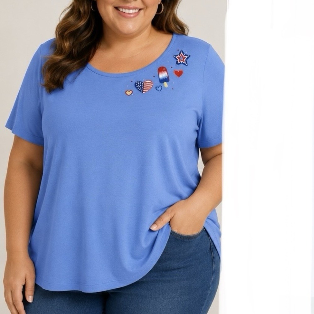 Quacker Factory Americana Stars Patriotic Rhinestone Short Sleeve Top Size 2X